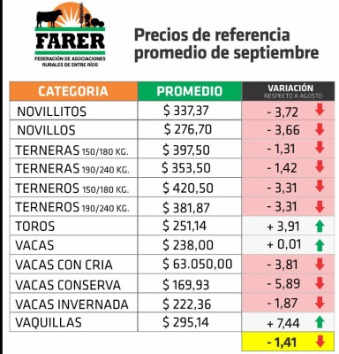 La hacienda en pie mostró en septiembre precios con tendencia a la baja en Entre Ríos
