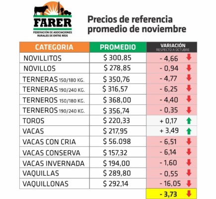 En noviembre volvieron a retroceder los precios de la hacienda en pie, según Farer