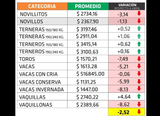 Por primera vez en el año, el promedio mensual de la hacienda en pie arrojó un índice negativo